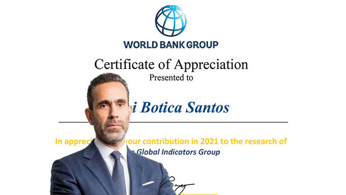 Rui Botica Santos reconhecido com o Certificado de apreciação do Grupo Banco Mundial